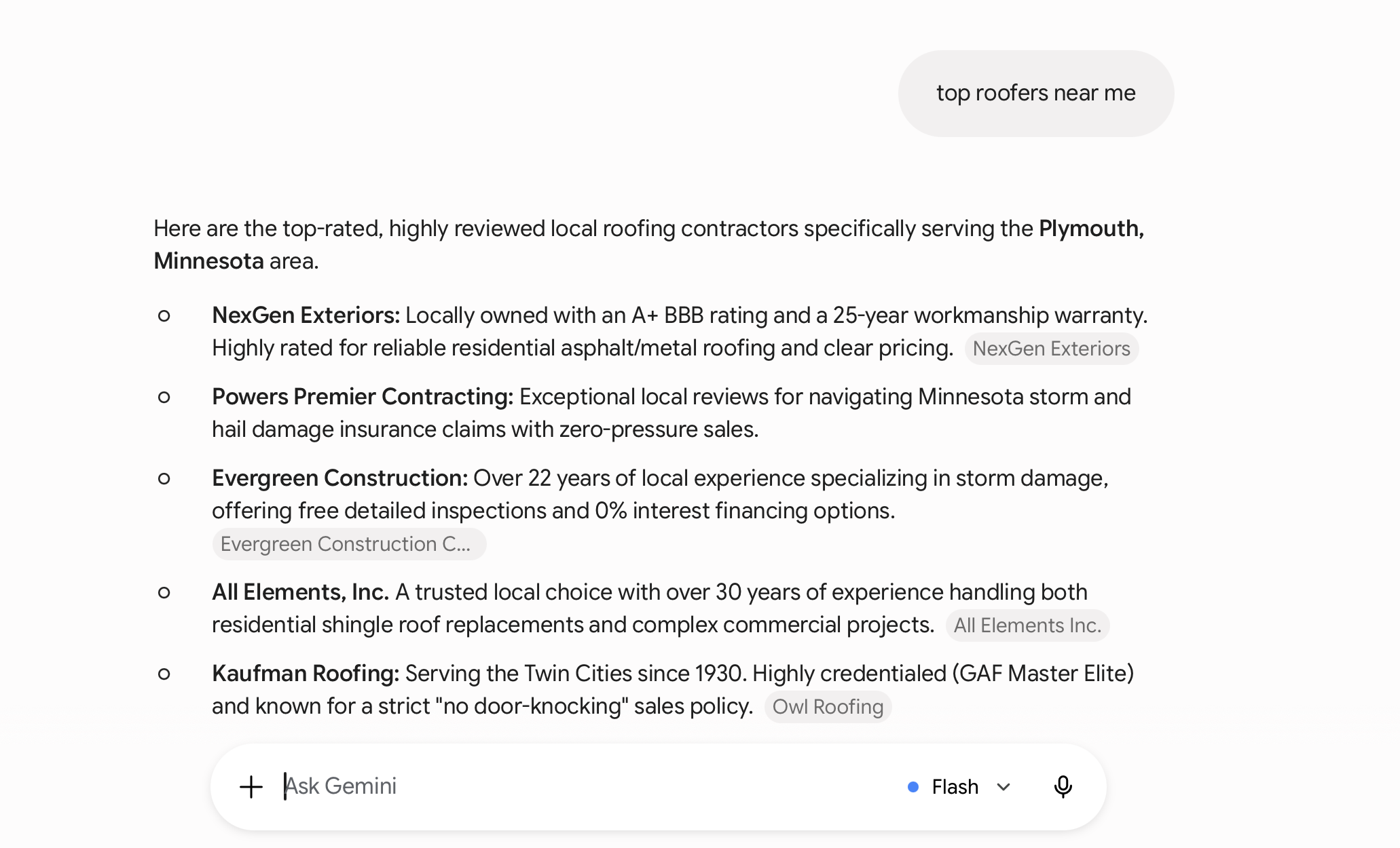 AI search result showing local business recommendations