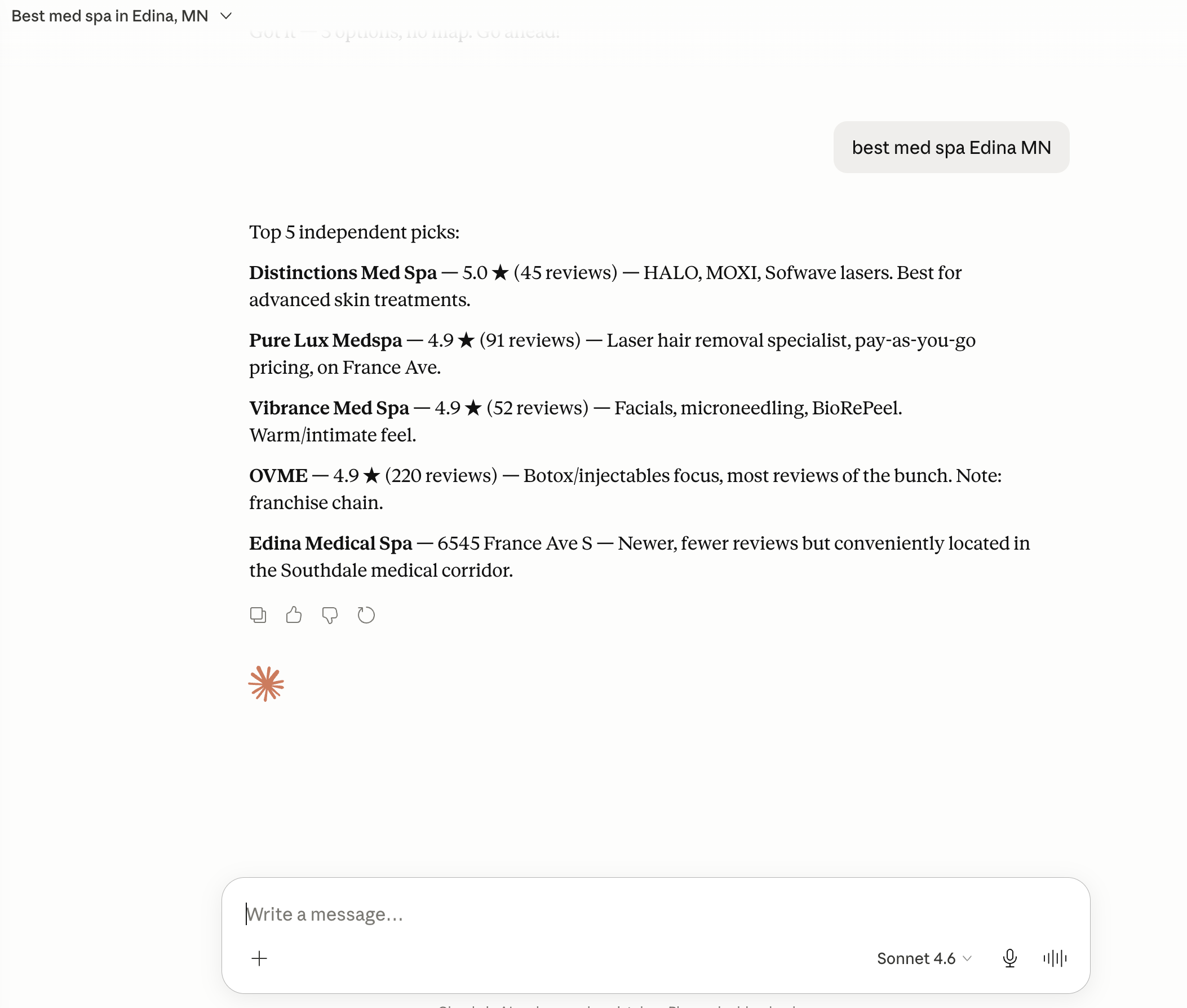 AI search result showing local business recommendations
